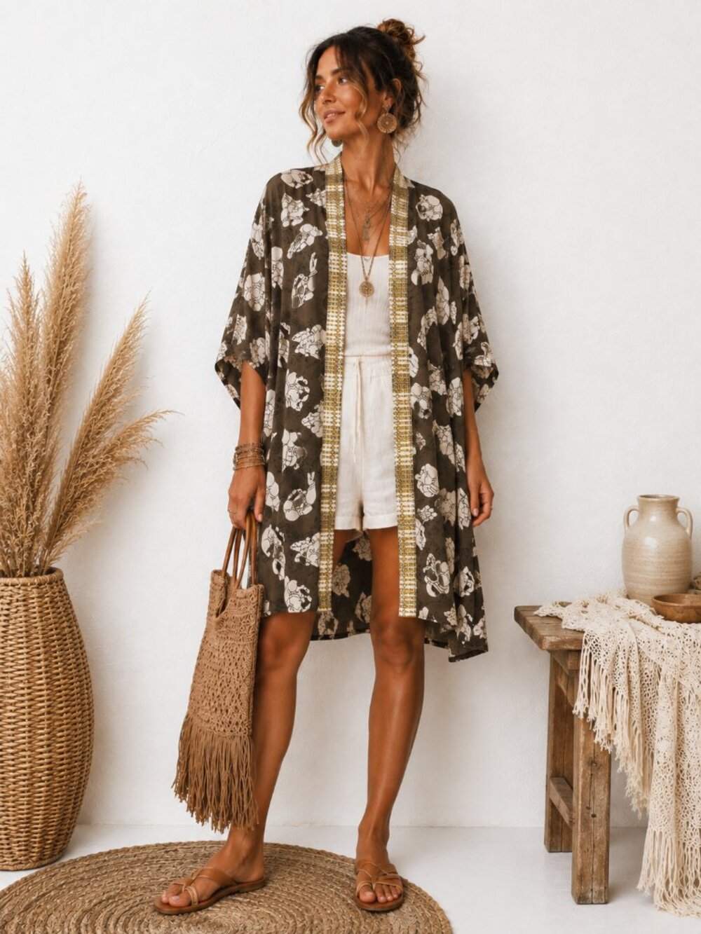 Chai Fashions Upcycled Silk Blend Mudra Hand Print Kimono Robe Tunic One Size